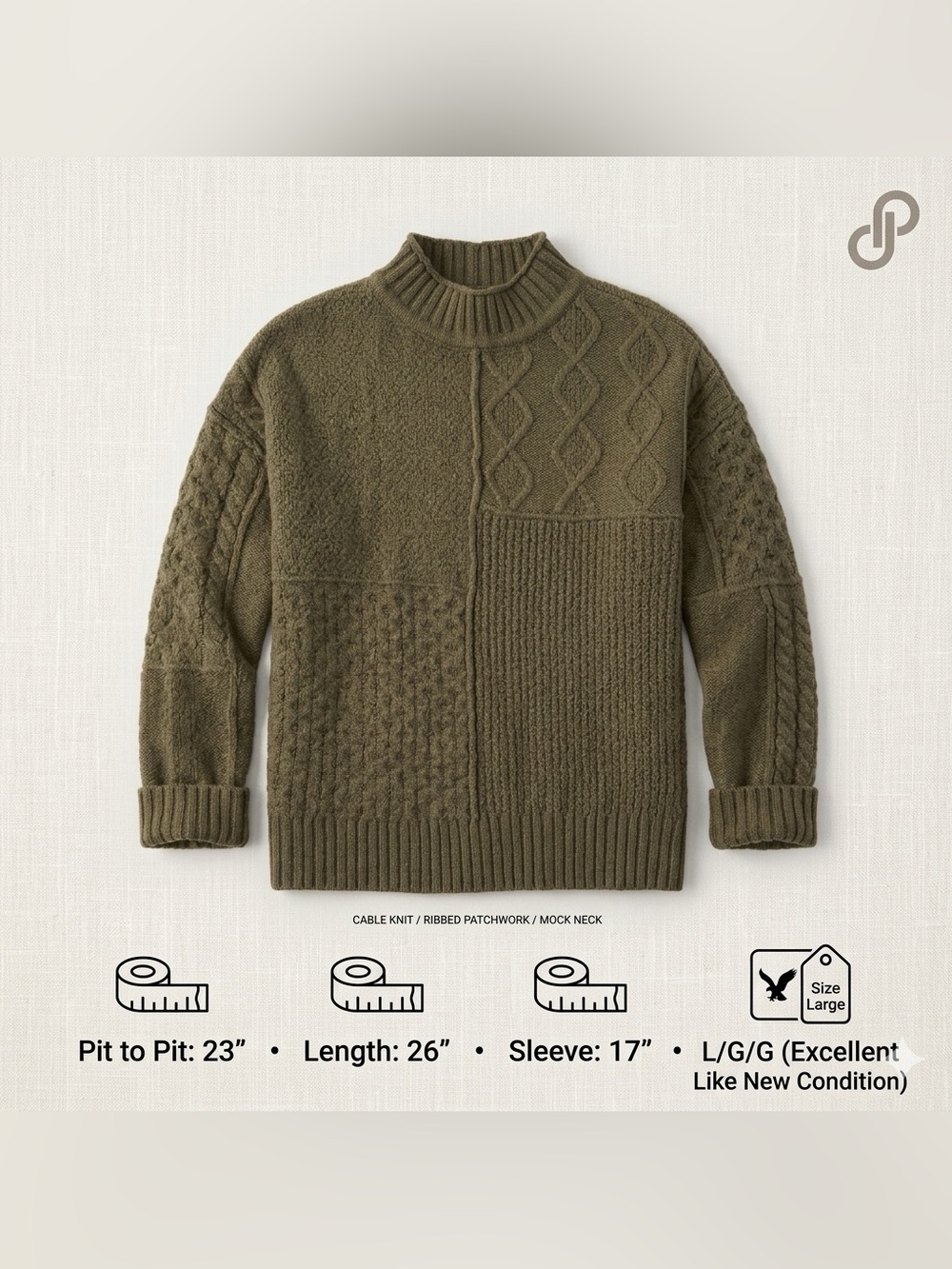American Eagle Patchwork Cable Knit Sweater Olive Green Large Like New
